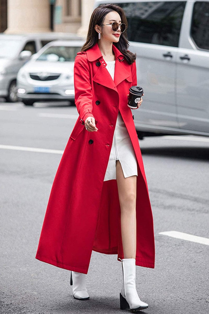 ebossy Women's Double Breasted Duster Trench Coat Slim Full Length Maxi Long Overcoat (Medium, Red) - Image 2